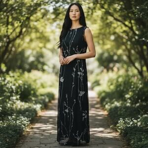 Casual Corner VTG Shift Dress Black Floral Sleeveless Maxi/Ankle SZ 12 Sheer